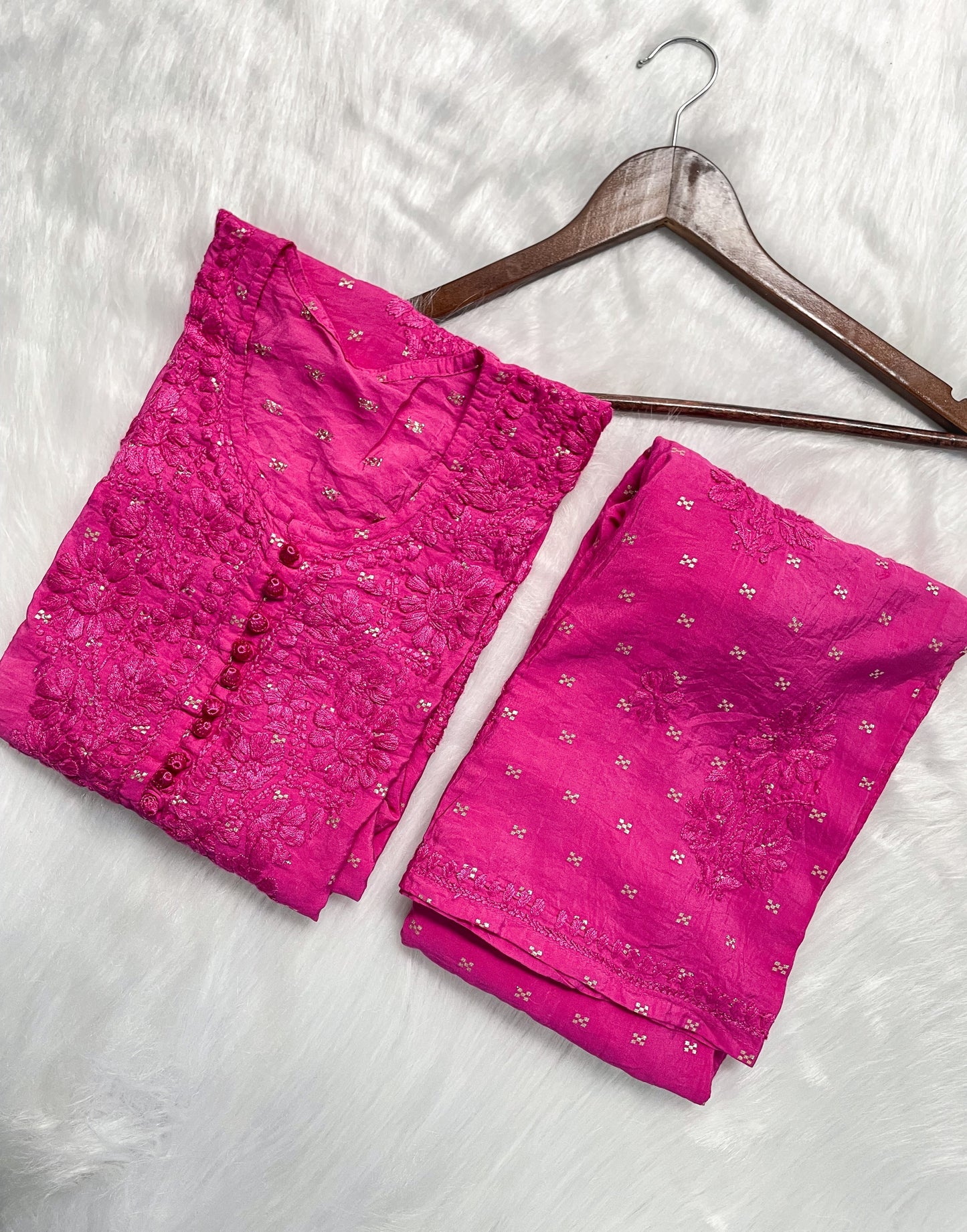Premium Dyed Chanderi Silk Lucknowi Chikankari Kurti and Palazzo Set for Women