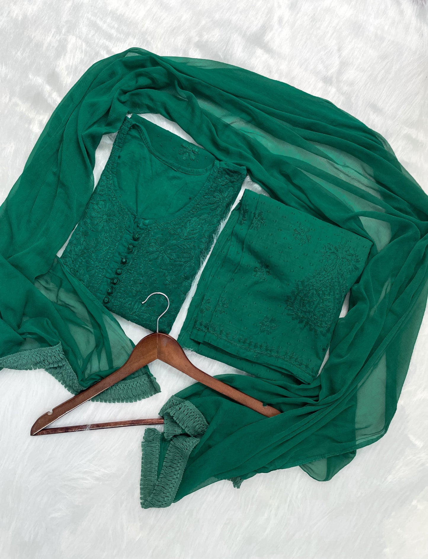 Handcrafted Dyed Lucknowi Chikankari Cotton Kurti, Palazzo & Dupatta Set