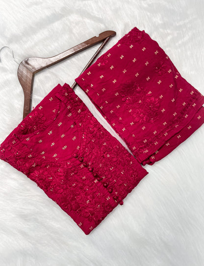 Premium Dyed Chanderi Silk Lucknowi Chikankari Kurti and Palazzo Set for Women