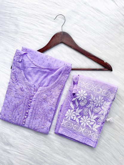 Dyed Cotton Chikankari Kurti & Lycra Pant Set, Pockets Both Side of the Pant