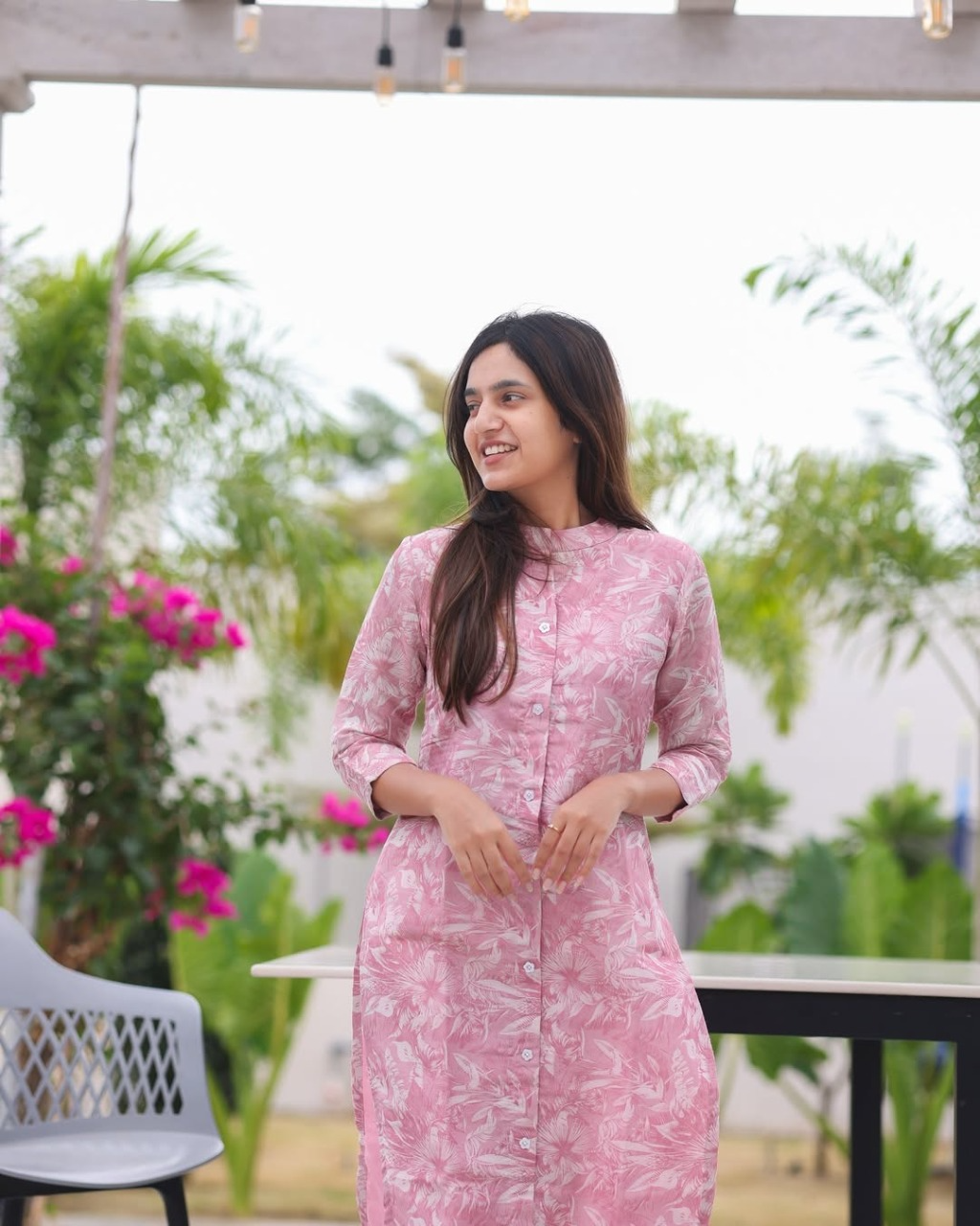 Pink Rose Printed Cotton Kurtis