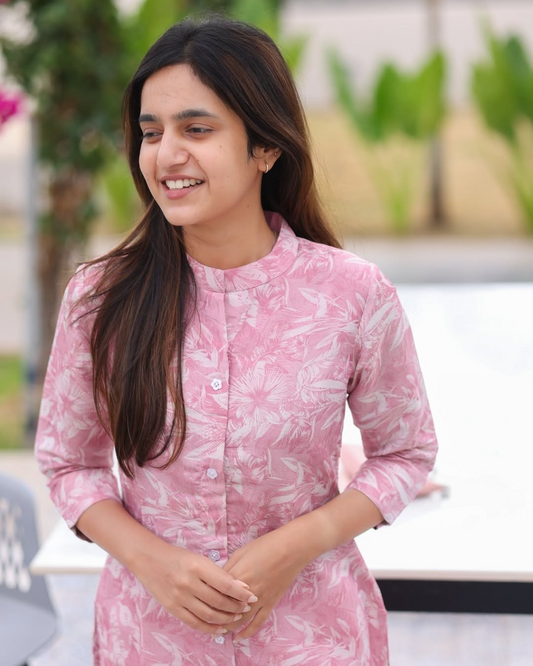 Pink Rose Printed Cotton Kurtis