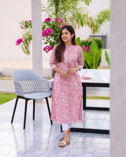 Pink Rose Printed Cotton Kurti