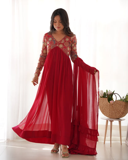 Red Designer Anarkali Gown With Pant & Dupatta Set