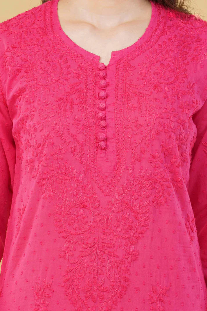 Dyed Cotton Chikankari Kurti & Lycra Pant Set, Pockets Both Side of the Pant