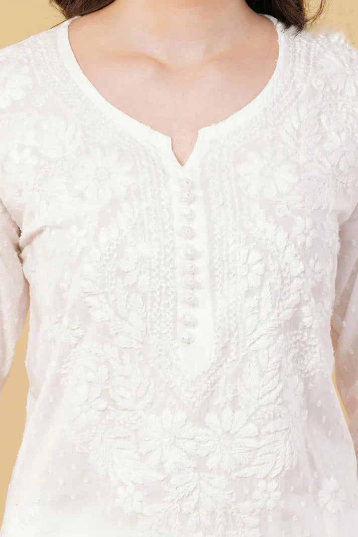 Dyed Cotton Chikankari Kurti & Lycra Pant Set, Pockets Both Side of the Pant