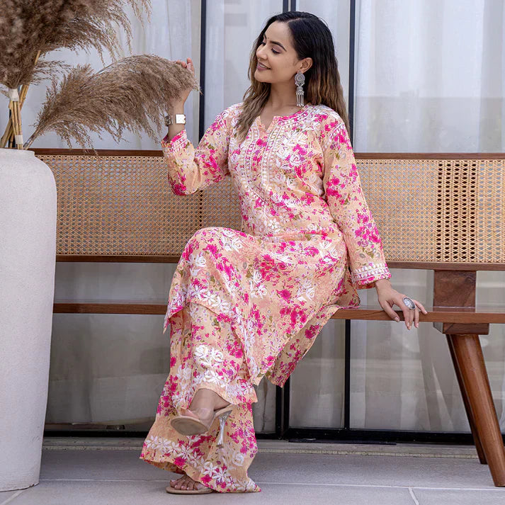 Women's Lucknowi Chikankari Handwork Mulmul Print Kurti & Palazzo Set
