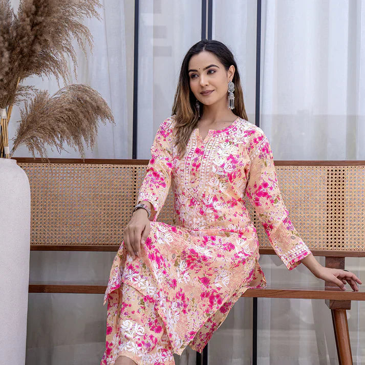 Women's Lucknowi Chikankari Handwork Mulmul Print Kurti & Palazzo Set