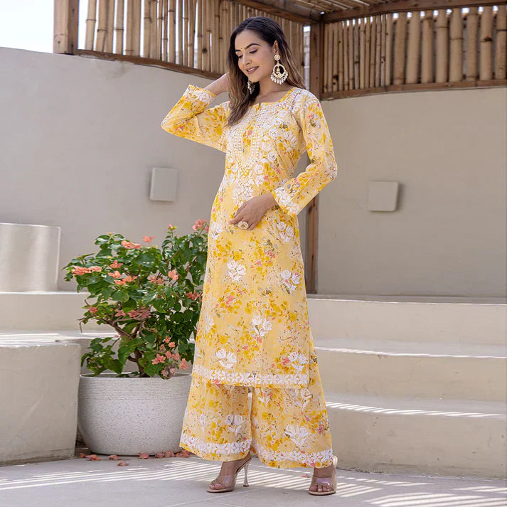 Women's Lucknowi Chikankari Handwork Mulmul Print Kurti & Palazzo Set