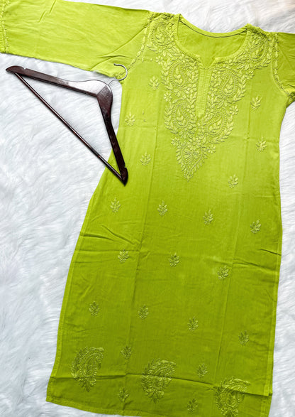 Ombre Dyed Shaded Rayon Lucknowi Chikankari Kurti, Palazzo and Dupatta Set.