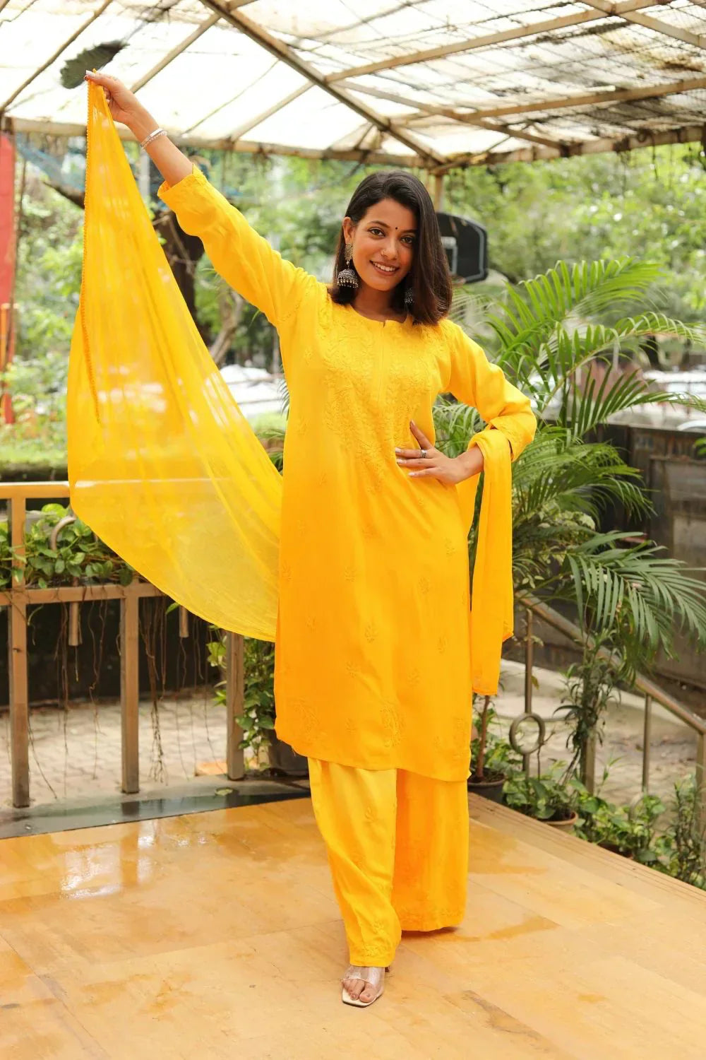 Ombre Dyed Shaded Rayon Lucknowi Chikankari Kurti, Palazzo and Dupatta Set.